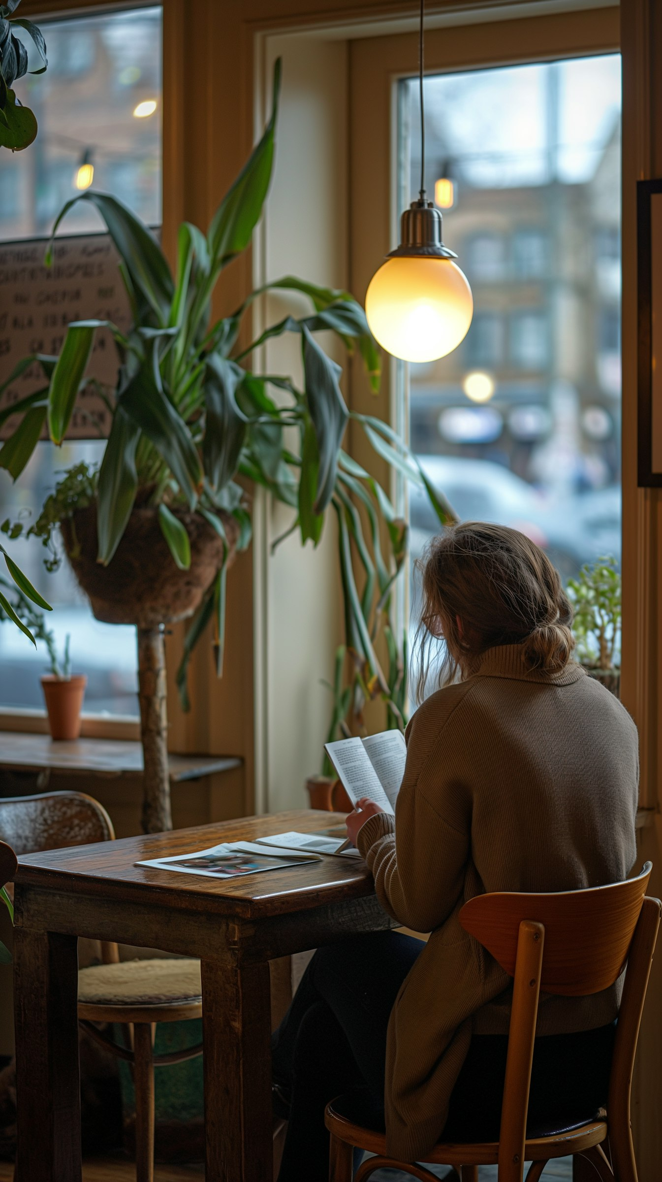 Tranquil Reading Moment in a Cozy Cafe